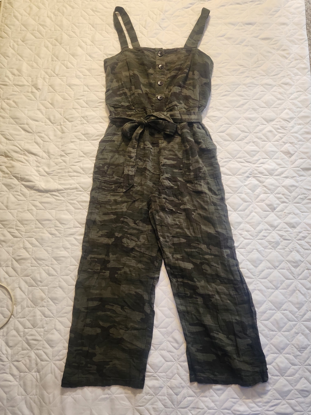 Camo Tie-Waist Linen Blend Jumpsuit - Olive